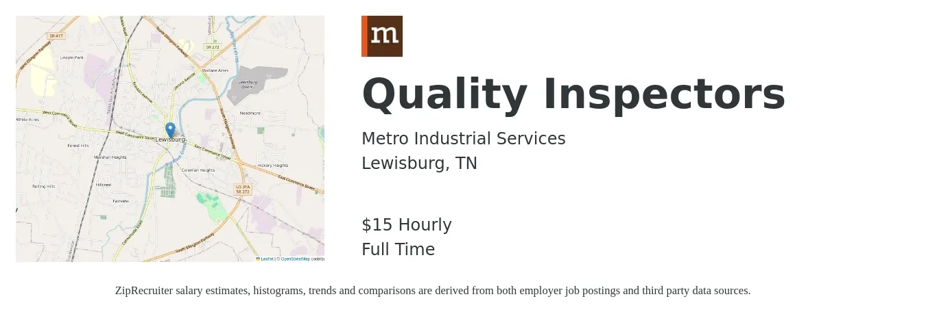 Metro Industrial Services job posting for a Quality Inspectors in Lewisburg, TN with a salary of $16 Hourly with a map of Lewisburg location.