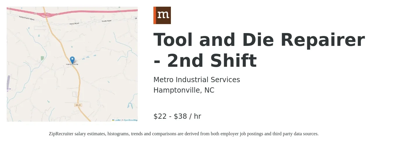 Metro Industrial Services job posting for a Tool and Die Repairer - 2nd Shift in Hamptonville, NC with a salary of $23 to $40 Hourly with a map of Hamptonville location.