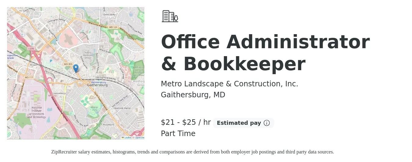 Metro Landscape & Construction, Inc. job posting for a Office Administrator & Bookkeeper in Gaithersburg, MD with a salary of $22 to $26 Hourly and benefits including pto with a map of Gaithersburg location.
