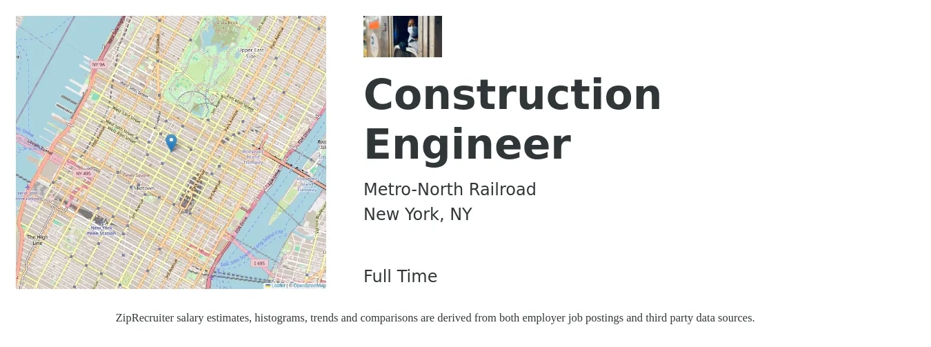 Metro-North Railroad job posting for a Construction Engineer in New York, NY with a salary of $104,407 Yearly with a map of New York location.