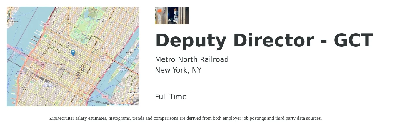 Metro-North Railroad job posting for a Deputy Director - GCT in New York, NY with a salary of $111,386 to $146,194 Yearly with a map of New York location.