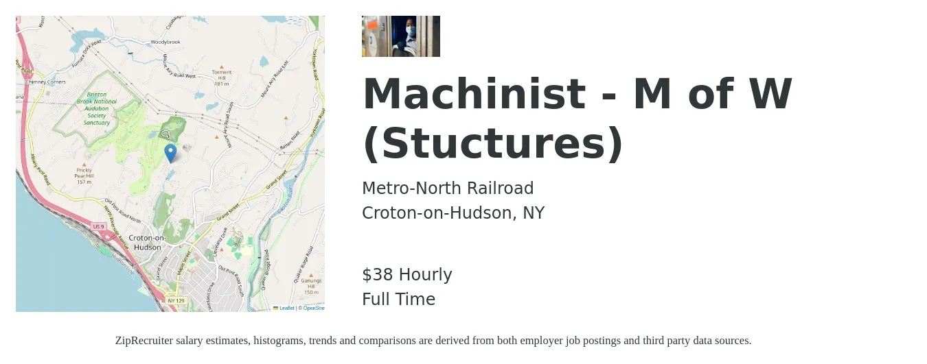 Metro-North Railroad job posting for a Machinist - M of W (Stuctures) in Croton-on-Hudson, NY with a salary of $40 Hourly with a map of Croton-on-Hudson location.