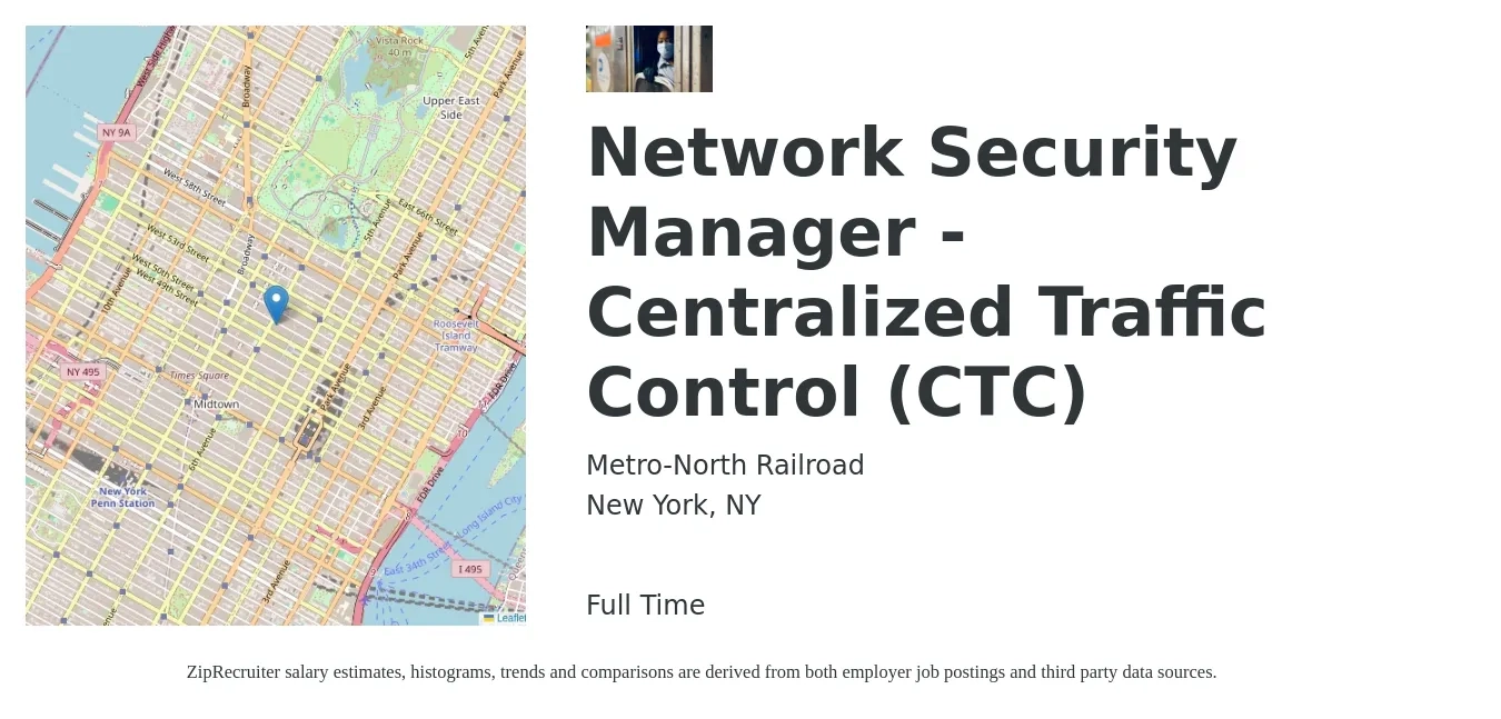 Metro-North Railroad job posting for a Network Security Manager - Centralized Traffic Control (CTC) in New York, NY with a salary of $83,985 to $110,230 Yearly with a map of New York location.