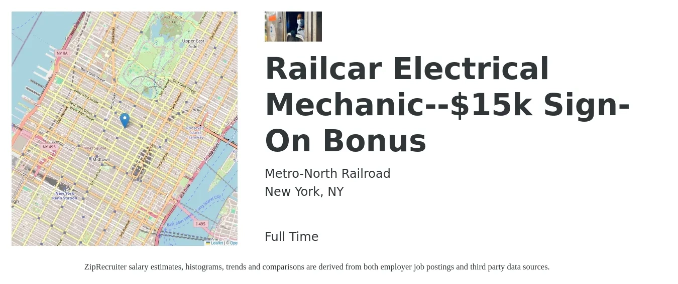 Metro-North Railroad job posting for a Railcar Electrical Mechanic--$15k Sign-On Bonus in New York, NY with a salary of $75,088 Yearly with a map of New York location.