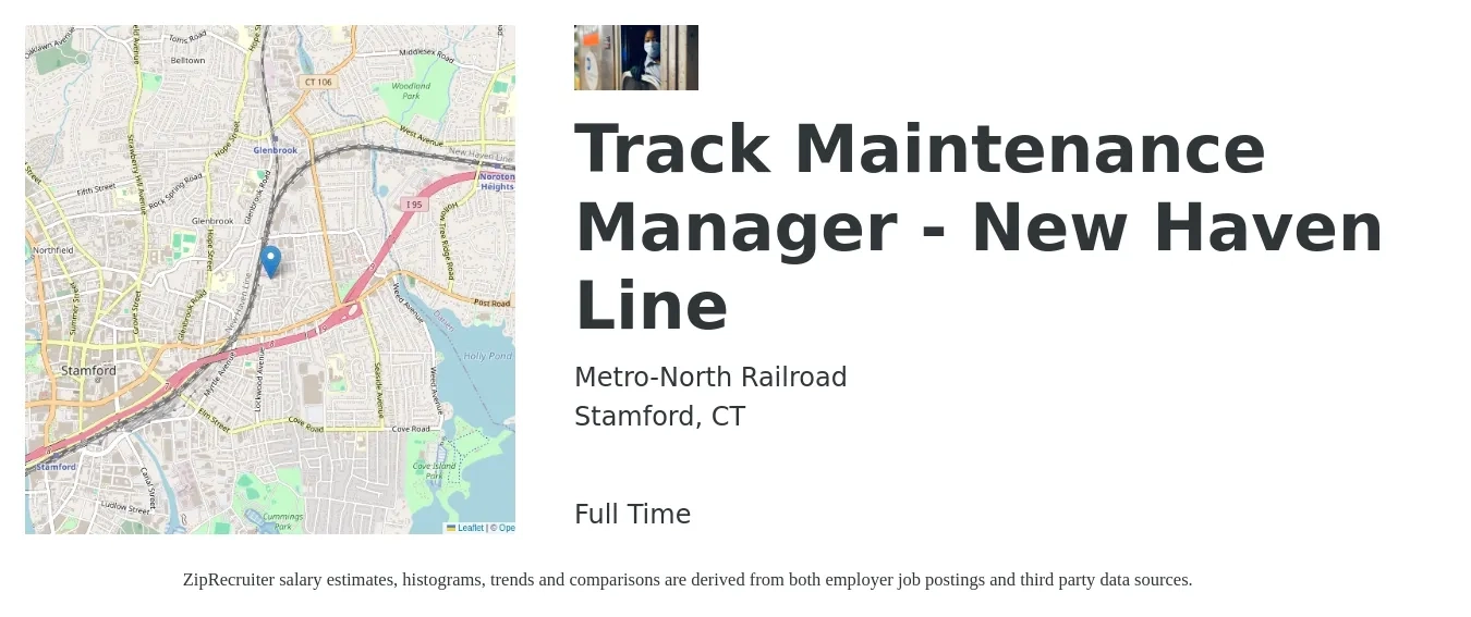 Metro-North Railroad job posting for a Track Maintenance Manager - New Haven Line in Stamford, CT with a salary of $83,985 to $110,230 Yearly with a map of Stamford location.