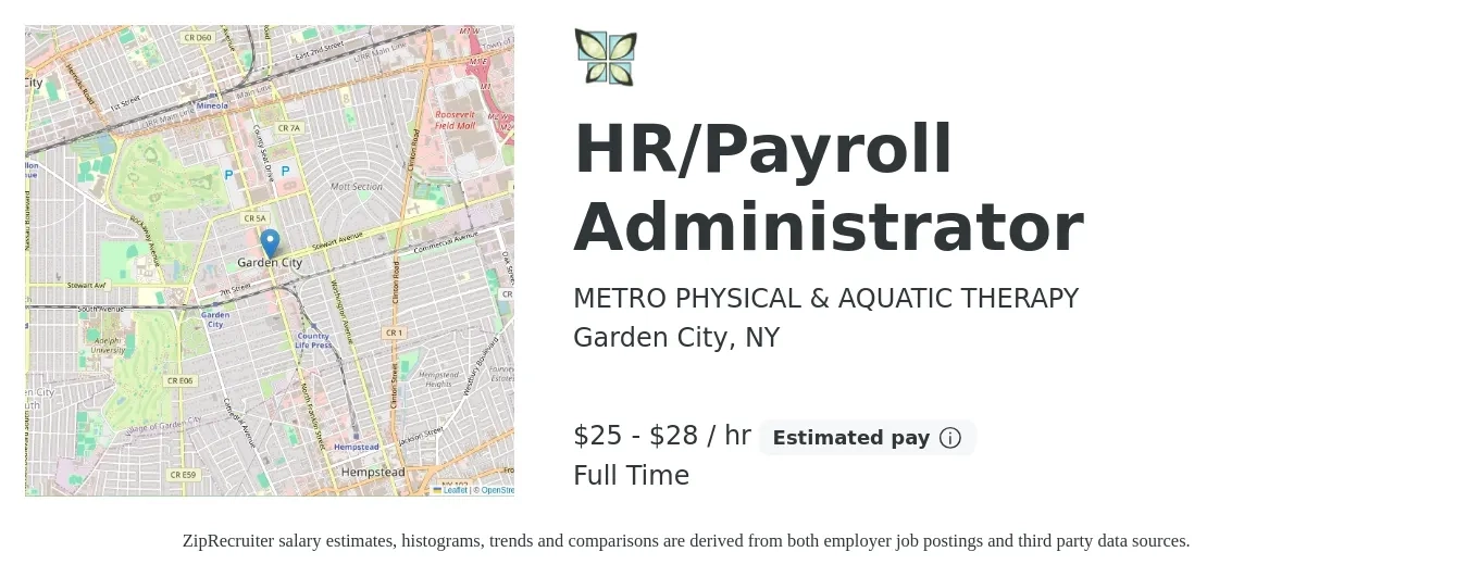 METRO PHYSICAL & AQUATIC THERAPY job posting for a HR/Payroll Administrator in Garden City, NY with a salary of $26 to $30 Hourly with a map of Garden City location.