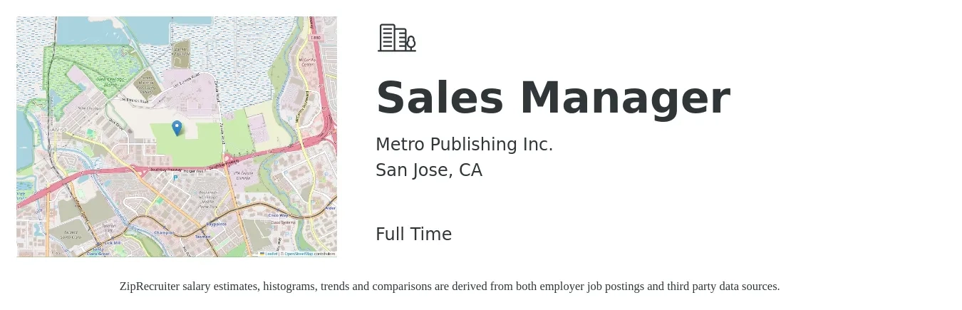 Metro Publishing Inc. job posting for a Sales Manager in San Jose, CA with a salary of $65,000 to $100,000 Yearly with a map of San Jose location.