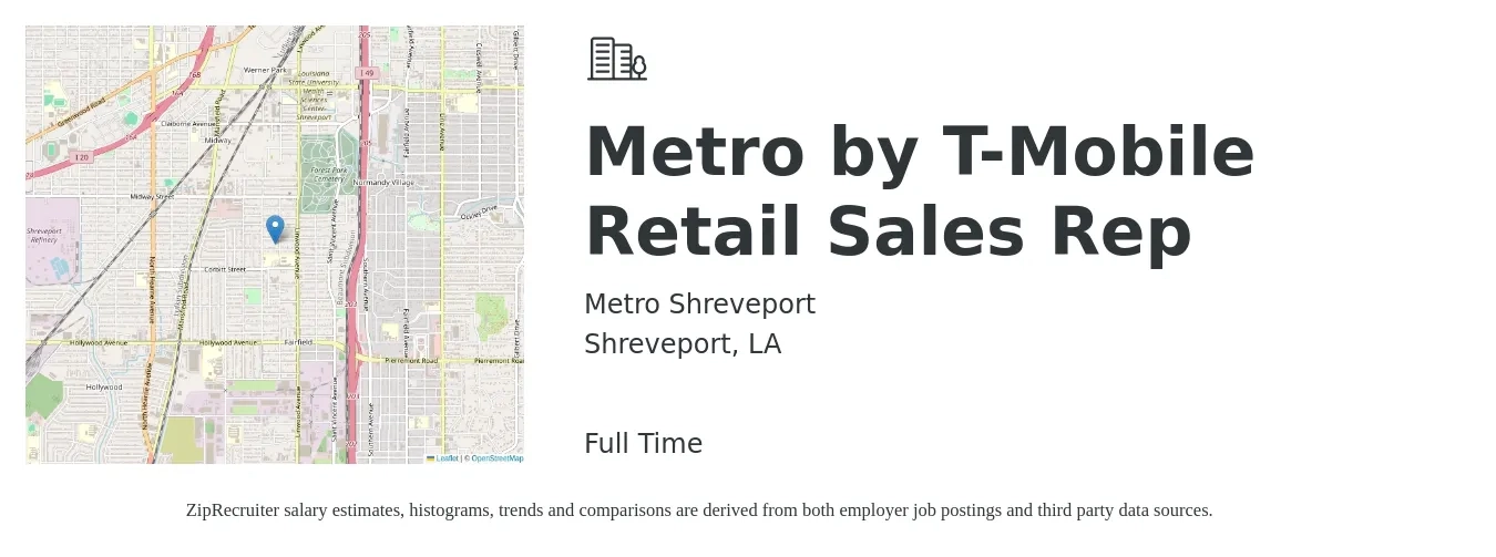 Metro Shreveport job posting for a Metro by T-Mobile Retail Sales Rep in Shreveport, LA with a salary of $14 to $22 Hourly with a map of Shreveport location.