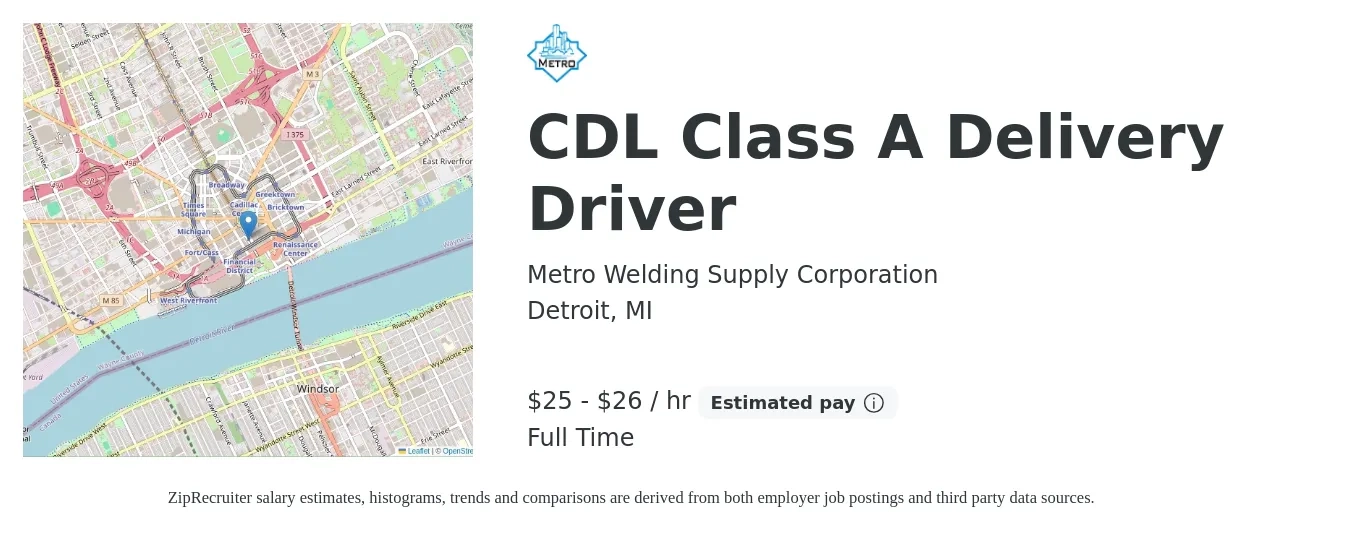 Metro Welding Supply Corporation job posting for a CDL Class A Delivery Driver in Detroit, MI with a salary of $18 to $27 Hourly with a map of Detroit location.