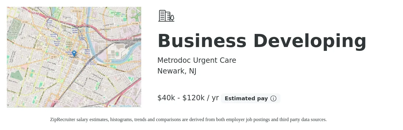Metrodoc Urgent Care job posting for a Business Developing in Newark, NJ with a salary of $40,000 to $120,000 Yearly with a map of Newark location.