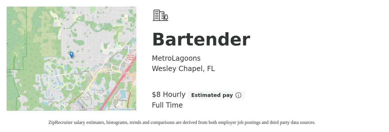 MetroLagoons job posting for a Bartender in Wesley Chapel, FL with a salary of $9 Hourly with a map of Wesley Chapel location.