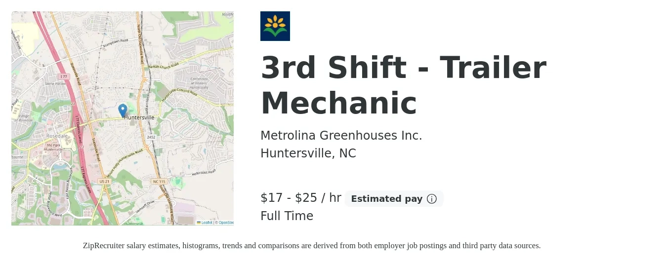 Metrolina Greenhouses Inc. job posting for a 3rd Shift - Trailer Mechanic in Huntersville, NC with a salary of $18 to $26 Hourly with a map of Huntersville location.