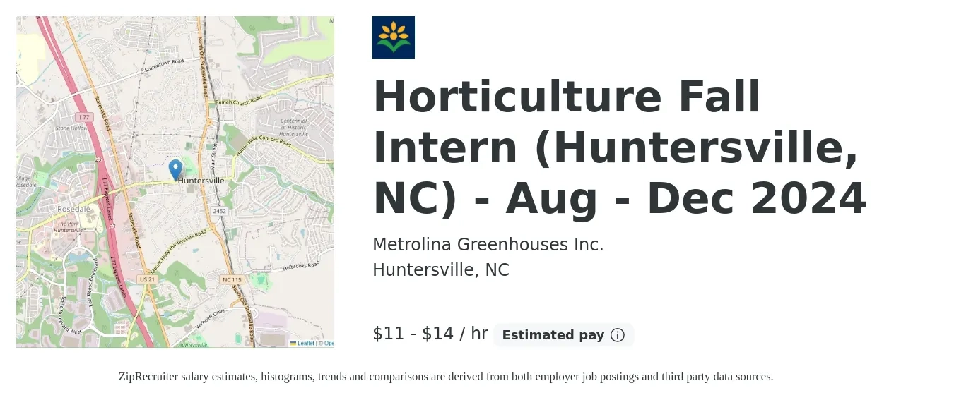 Metrolina Greenhouses Inc. job posting for a Horticulture Fall Intern (Huntersville, NC) - Aug - Dec 2024 in Huntersville, NC with a salary of $12 to $15 Hourly with a map of Huntersville location.