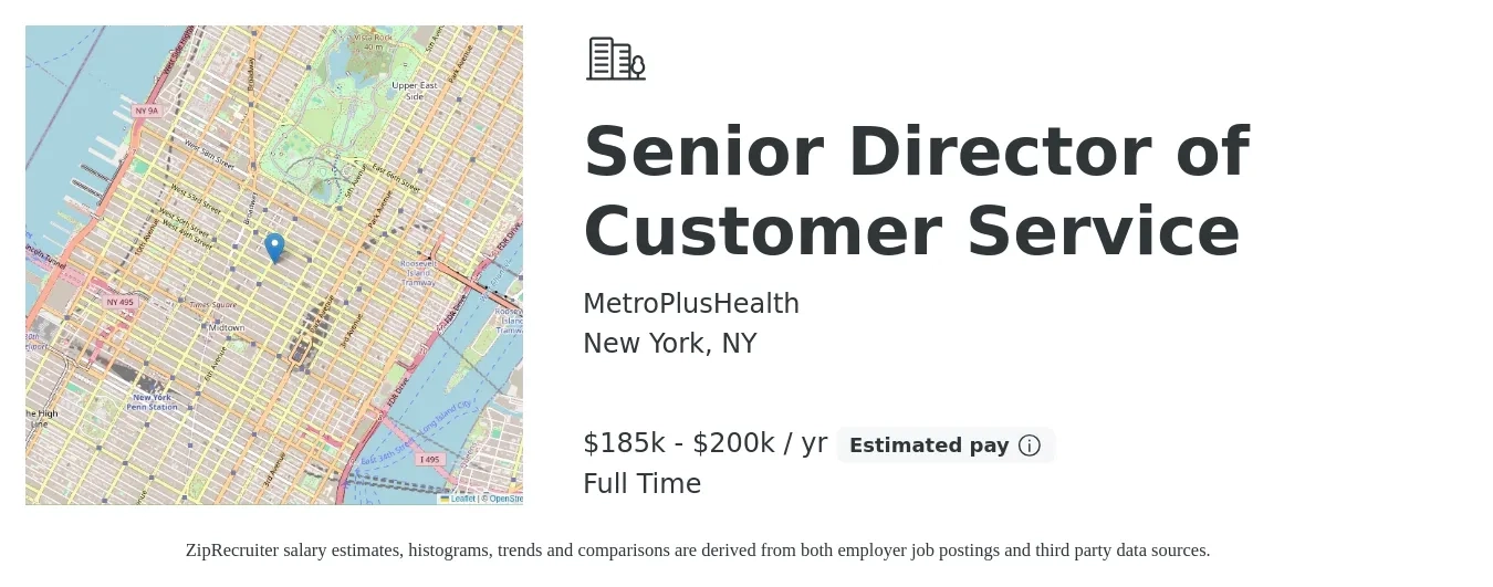 MetroPlusHealth job posting for a Senior Director of Customer Service in New York, NY with a salary of $185,000 to $200,000 Yearly with a map of New York location.