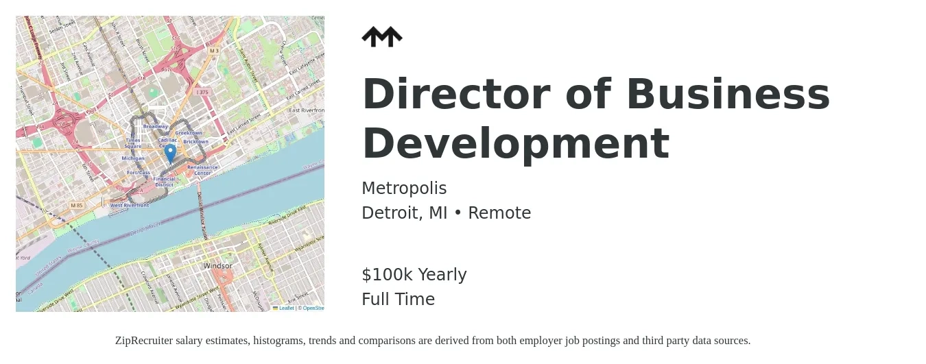 Metropolis job posting for a Director of Business Development in Detroit, MI with a salary of $100,000 Yearly with a map of Detroit location.