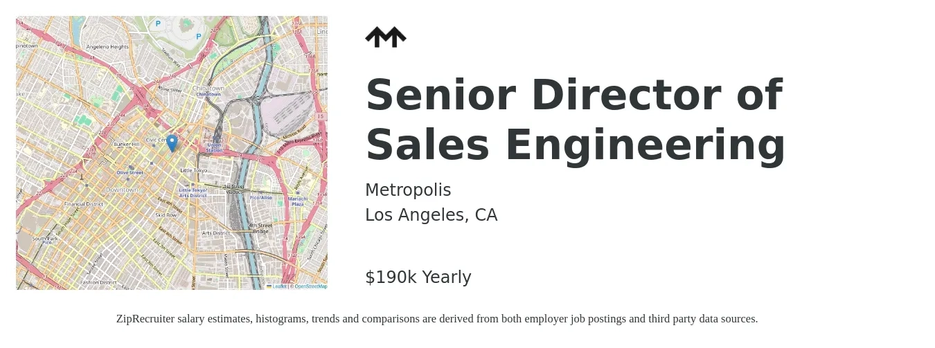 Metropolis job posting for a Senior Director of Sales Engineering in Los Angeles, CA with a salary of $190,000 Yearly with a map of Los Angeles location.