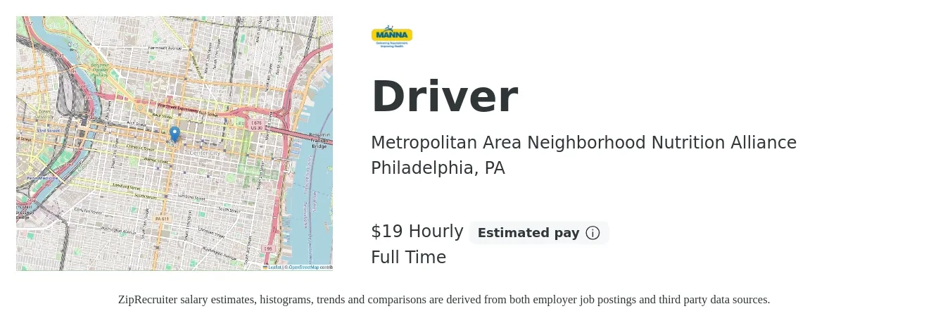 Metropolitan Area Neighborhood Nutrition Alliance job posting for a Driver in Philadelphia, PA with a salary of $20 Hourly with a map of Philadelphia location.