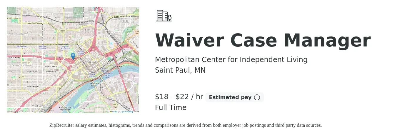 Metropolitan Center for Independent Living job posting for a Waiver Case Manager in Saint Paul, MN with a salary of $40,000 to $48,000 Yearly with a map of Saint Paul location.