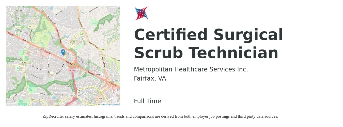 Metropolitan Healthcare Services Inc. job posting for a Certified Surgical Scrub Technician in Fairfax, VA with a salary of $32 to $54 Hourly with a map of Fairfax location.
