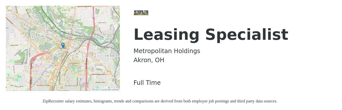 Metropolitan Holdings job posting for a Leasing Specialist in Akron, OH with a salary of $16 to $21 Hourly with a map of Akron location.