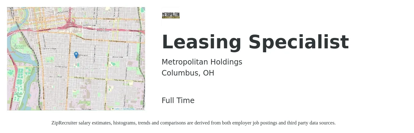Metropolitan Holdings job posting for a Leasing Specialist in Columbus, OH with a salary of $16 to $21 Hourly with a map of Columbus location.