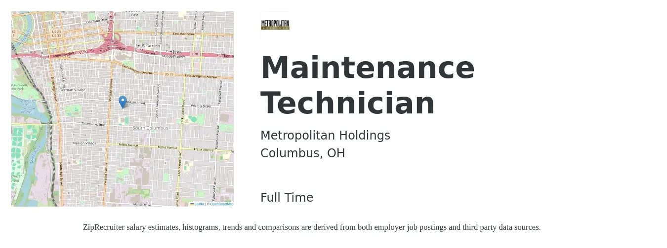 Metropolitan Holdings job posting for a Maintenance Technician in Columbus, OH with a salary of $18 to $26 Hourly with a map of Columbus location.
