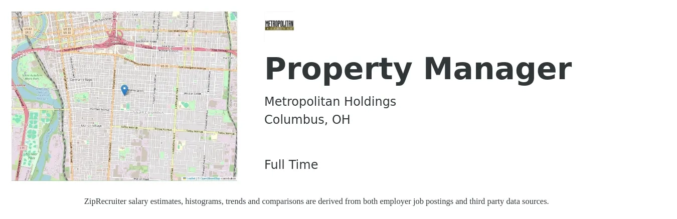 Metropolitan Holdings job posting for a Property Manager in Columbus, OH with a salary of $42,500 to $65,700 Yearly with a map of Columbus location.