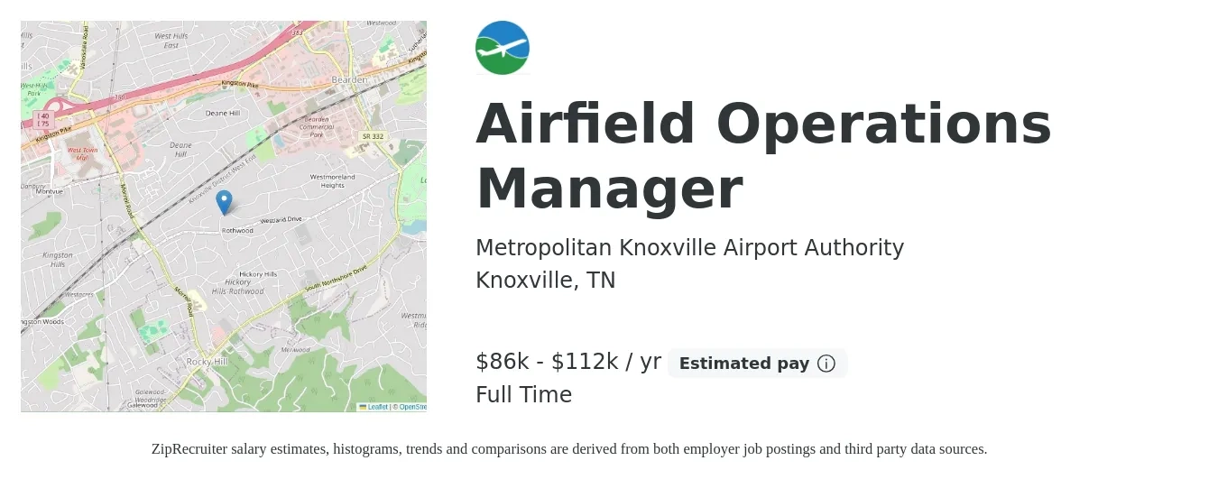 Metropolitan Knoxville Airport Authority job posting for a Airfield Operations Manager in Knoxville, TN with a salary of $86,456 to $112,392 Yearly with a map of Knoxville location.