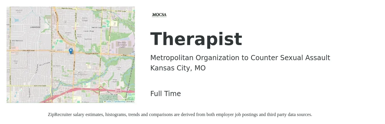 Metropolitan Organization to Counter Sexual Assault job posting for a Therapist in Kansas City, MO with a salary of $50,200 to $69,500 Yearly with a map of Kansas City location.