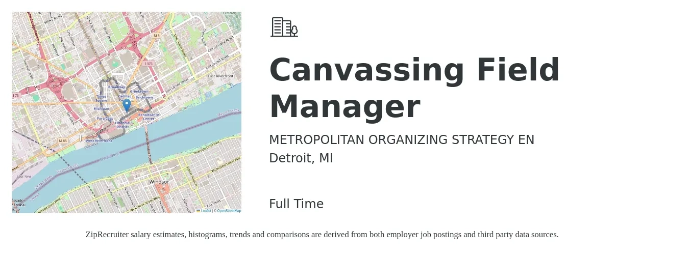 METROPOLITAN ORGANIZING STRATEGY EN job posting for a Canvassing Field Manager in Detroit, MI with a salary of $4,500 to $6,000 Monthly with a map of Detroit location.