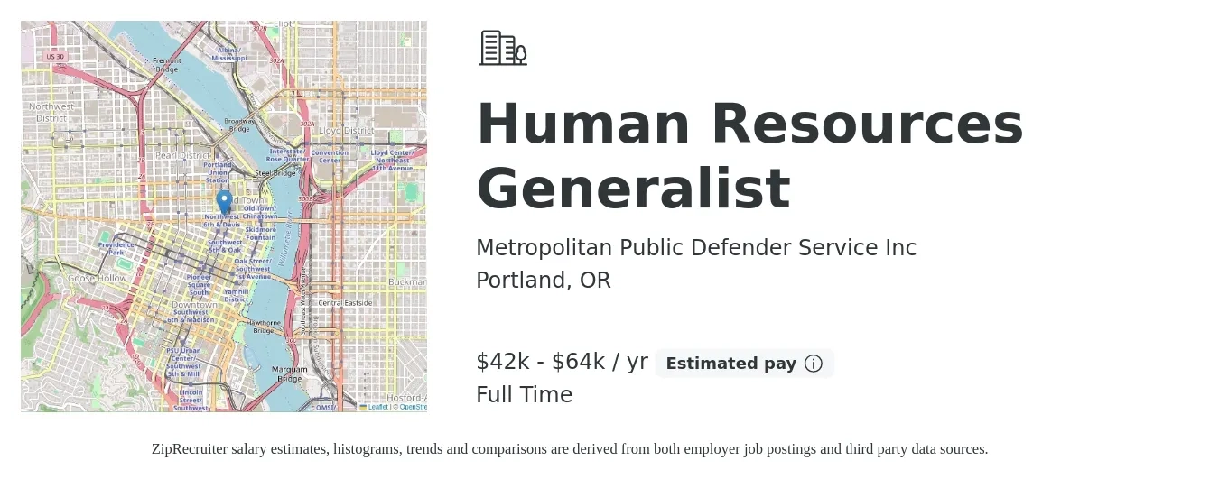 Metropolitan Public Defender Service Inc job posting for a Human Resources Generalist in Portland, OR with a salary of $42,930 to $68,423 Yearly with a map of Portland location.