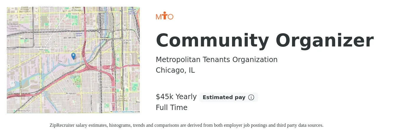Metropolitan Tenants Organization job posting for a Community Organizer in Chicago, IL with a salary of $45,000 Yearly with a map of Chicago location.