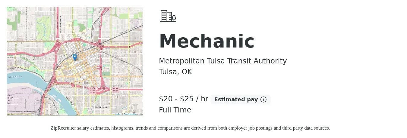 Metropolitan Tulsa Transit Authority job posting for a Mechanic in Tulsa, OK with a salary of $21 to $27 Hourly with a map of Tulsa location.