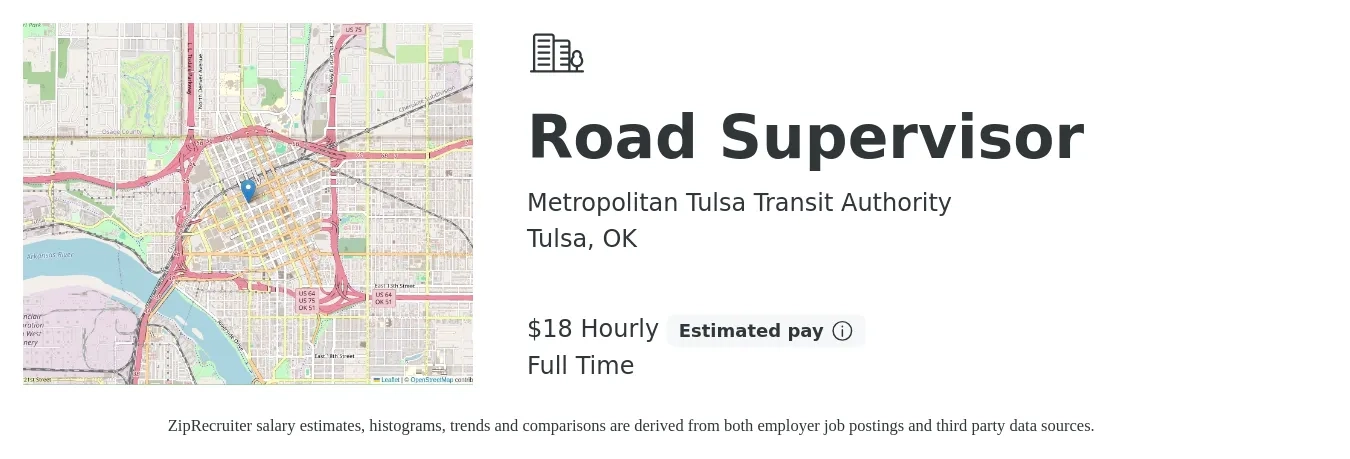 Metropolitan Tulsa Transit Authority job posting for a Road Supervisor in Tulsa, OK with a salary of $19 Hourly with a map of Tulsa location.