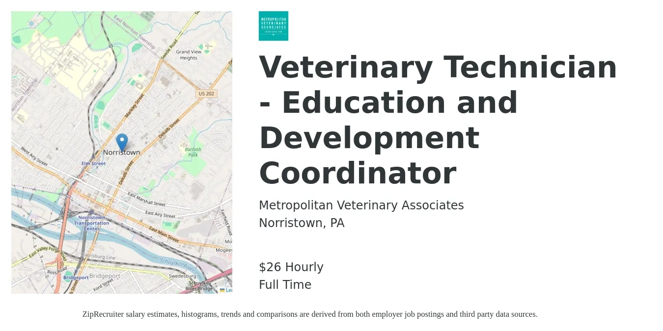 Metropolitan Veterinary Associates job posting for a Veterinary Technician - Education and Development Coordinator in Norristown, PA with a salary of $28 Hourly with a map of Norristown location.