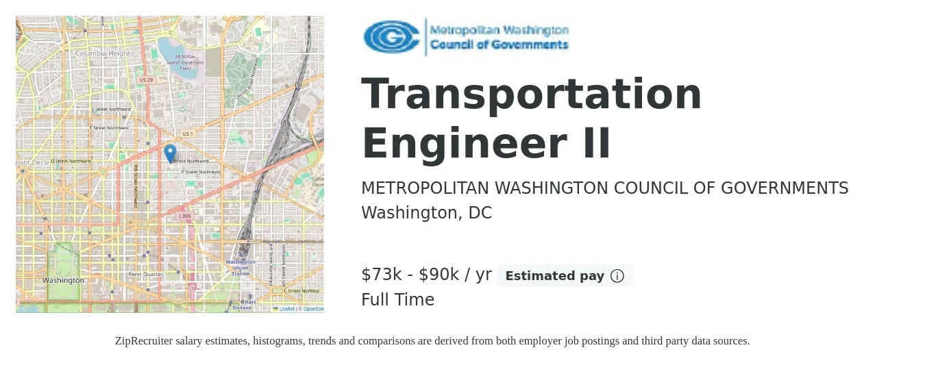 METROPOLITAN WASHINGTON COUNCIL OF GOVERNMENTS job posting for a Transportation Engineer II in Washington, DC with a salary of $73,728 to $90,000 Yearly with a map of Washington location.