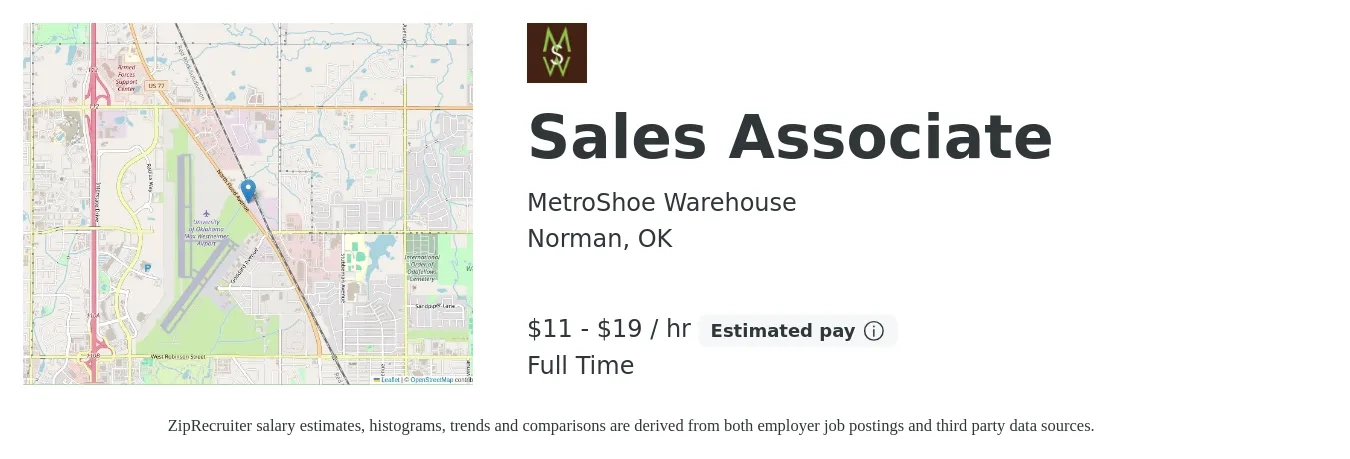 MetroShoe Warehouse job posting for a Sales Associate in Norman, OK with a salary of $12 to $20 Hourly with a map of Norman location.