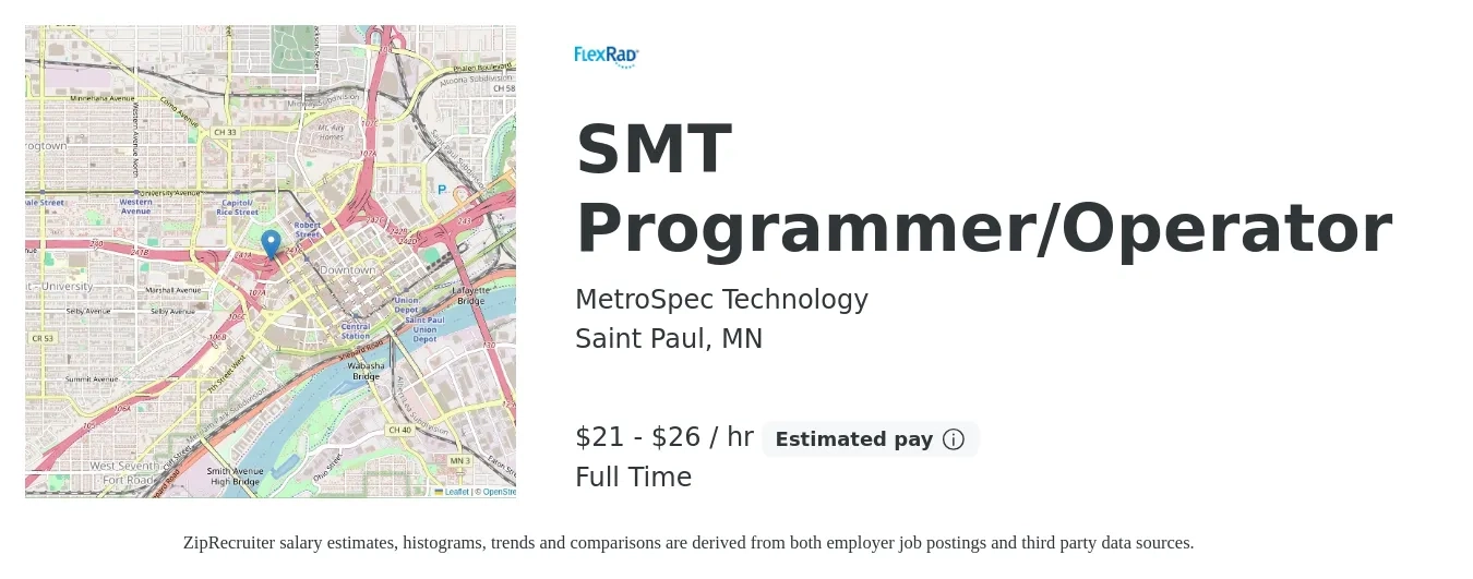 MetroSpec Technology job posting for a SMT Programmer/Operator in Saint Paul, MN with a salary of $32 Hourly with a map of Saint Paul location.