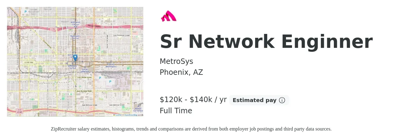 MetroSys job posting for a Sr Network Enginner in Phoenix, AZ with a salary of $120,000 to $140,000 Yearly with a map of Phoenix location.