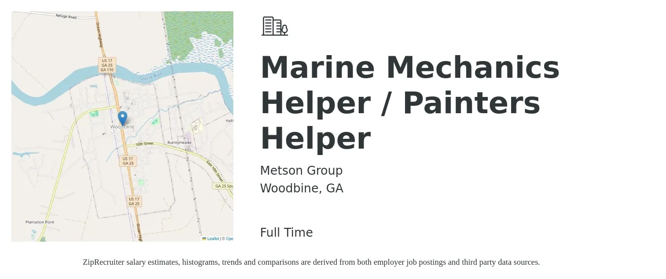 Metson Group job posting for a Marine Mechanics Helper / Painters Helper in Woodbine, GA with a salary of $15 to $19 Hourly with a map of Woodbine location.