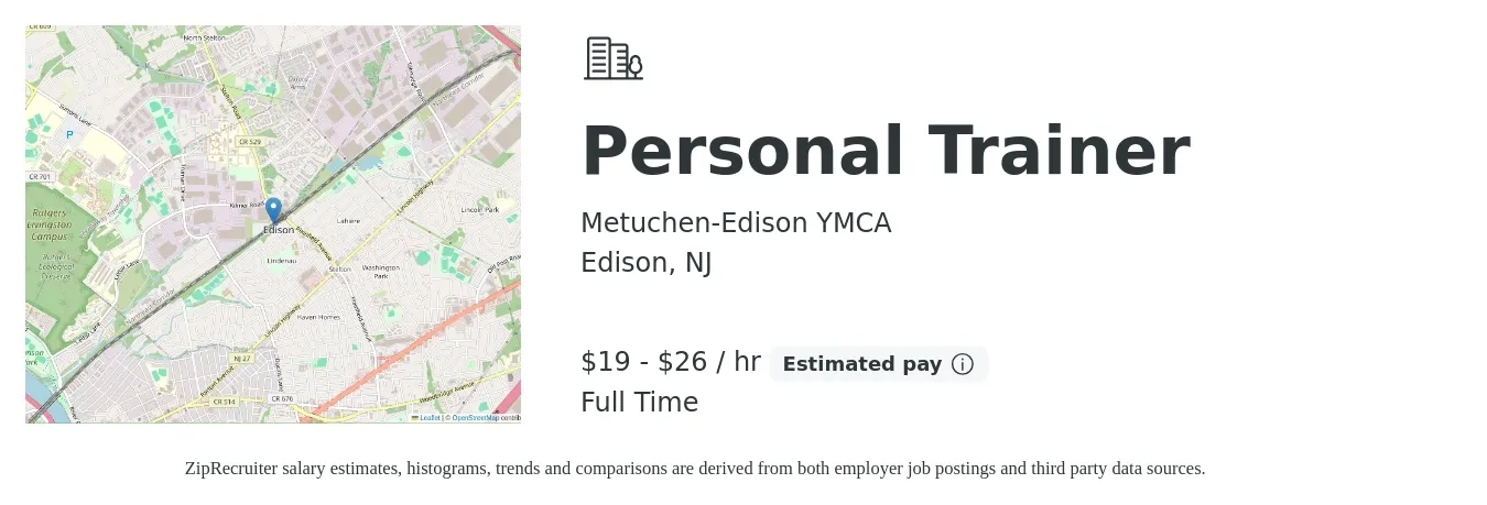 Metuchen-Edison YMCA job posting for a Personal Trainer in Edison, NJ with a salary of $20 to $28 Hourly with a map of Edison location.