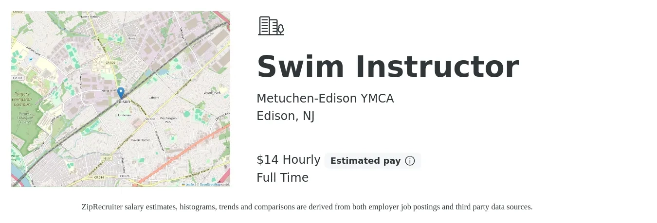 Metuchen-Edison YMCA job posting for a Swim Instructor in Edison, NJ with a salary of $15 Hourly with a map of Edison location.