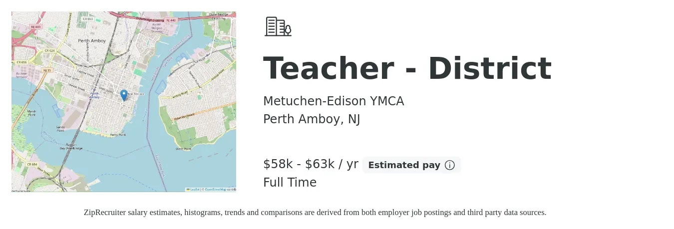 Metuchen-Edison YMCA job posting for a Teacher - District in Perth Amboy, NJ with a salary of $58,000 to $63,000 Yearly with a map of Perth Amboy location.