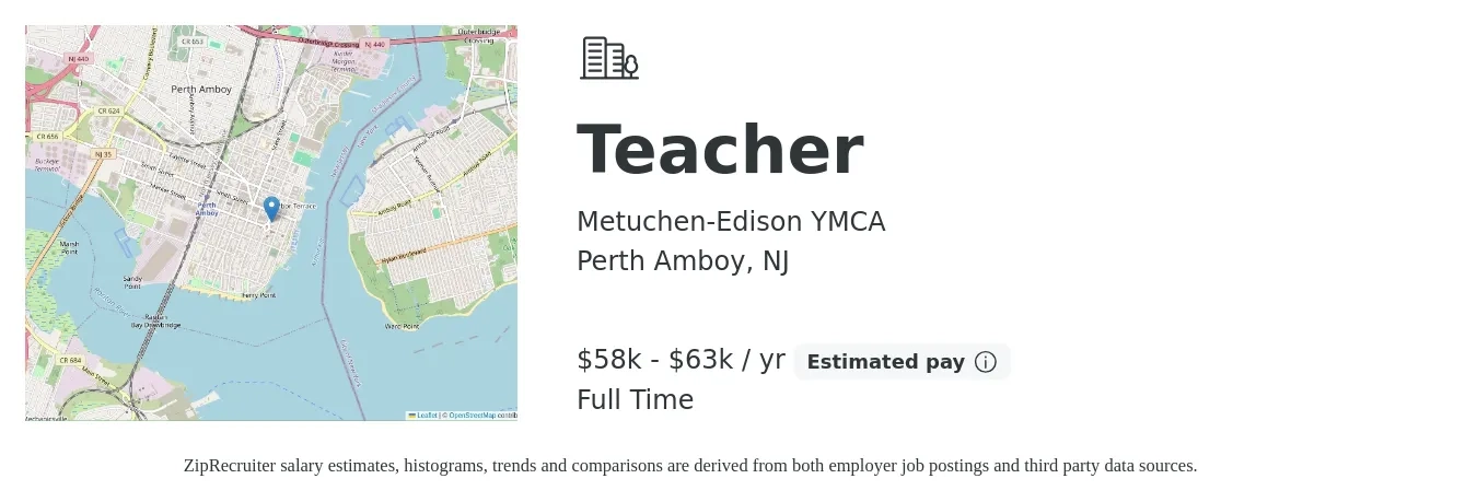 Metuchen-Edison YMCA job posting for a Teacher in Perth Amboy, NJ with a salary of $58,000 to $63,000 Yearly with a map of Perth Amboy location.