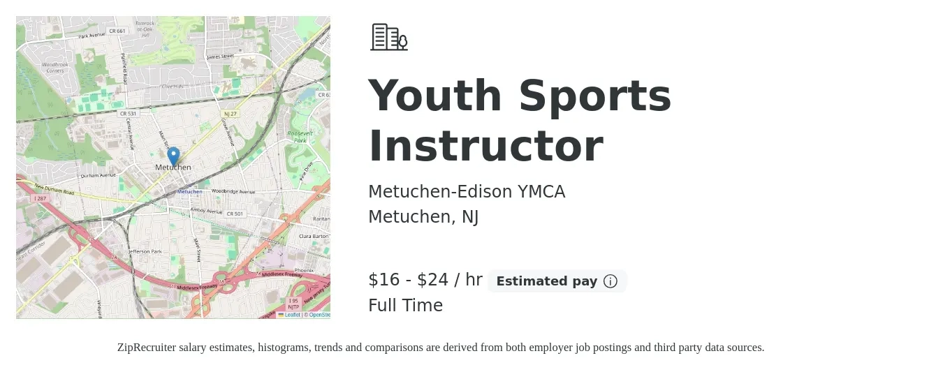 Metuchen-Edison YMCA job posting for a Youth Sports Instructor in Metuchen, NJ with a salary of $17 to $25 Hourly with a map of Metuchen location.