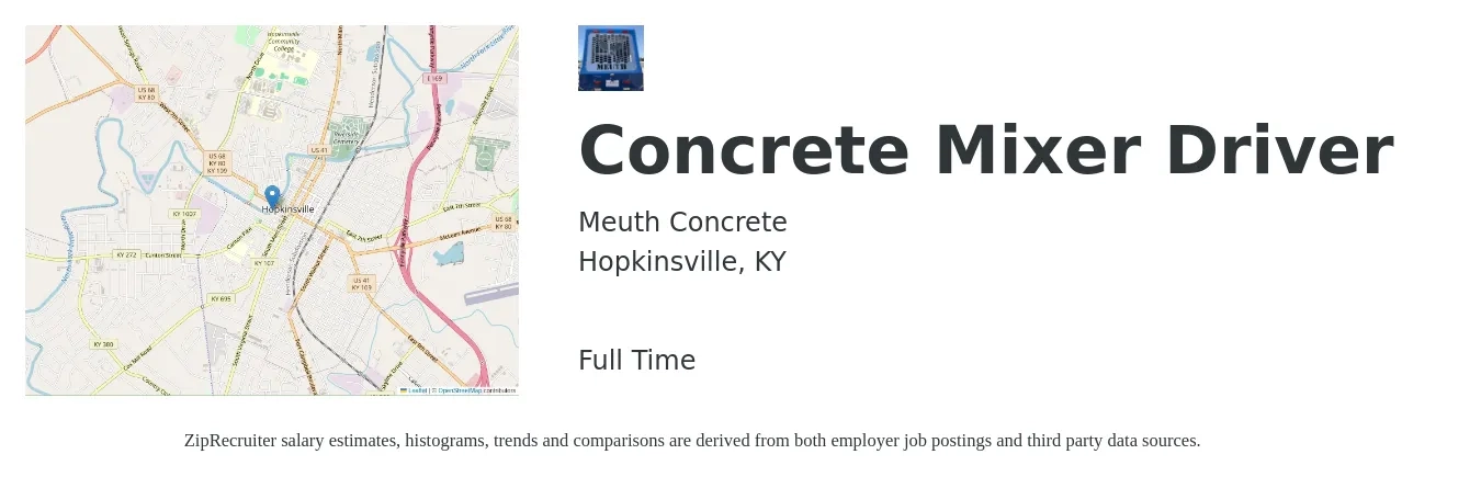 Meuth Concrete job posting for a Concrete Mixer Driver in Hopkinsville, KY with a salary of $20 to $26 Hourly with a map of Hopkinsville location.