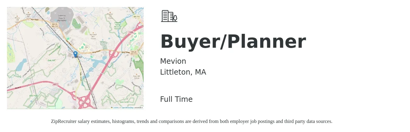Mevion job posting for a Buyer/Planner in Littleton, MA with a salary of $58,200 to $80,200 Yearly with a map of Littleton location.