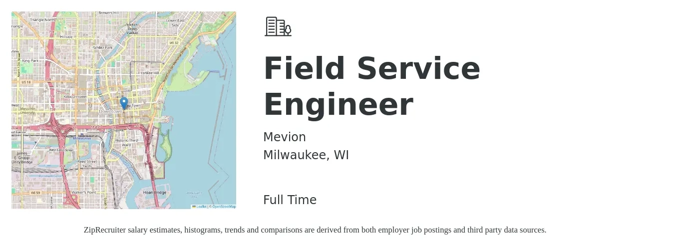 Mevion job posting for a Field Service Engineer in Milwaukee, WI with a salary of $56,100 to $83,200 Yearly with a map of Milwaukee location.