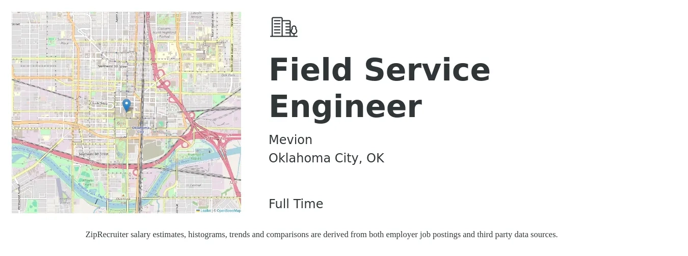 Mevion job posting for a Field Service Engineer in Oklahoma City, OK with a salary of $52,900 to $78,400 Yearly with a map of Oklahoma City location.