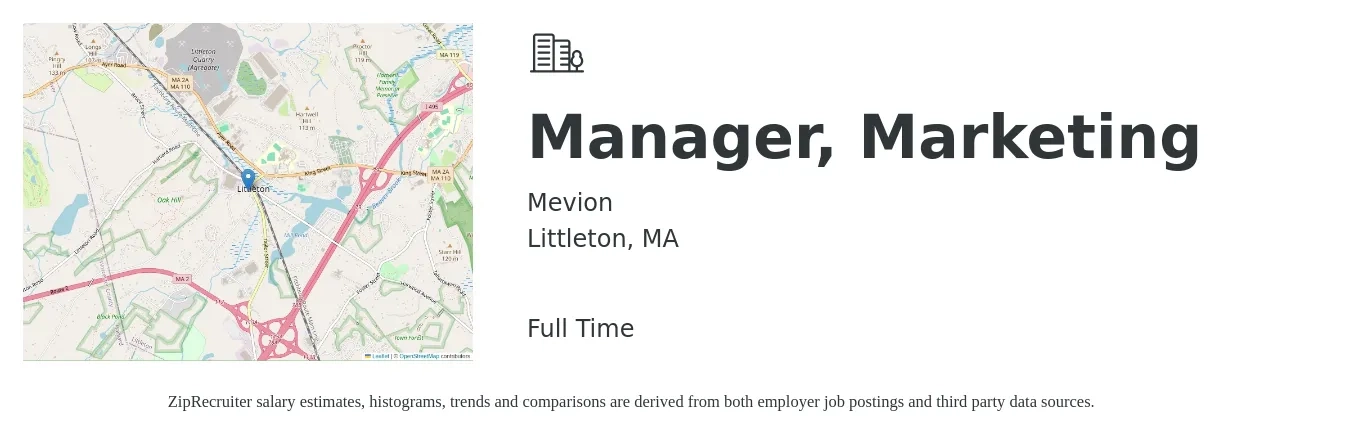 Mevion job posting for a Manager, Marketing in Littleton, MA with a salary of $61,300 to $100,100 Yearly with a map of Littleton location.